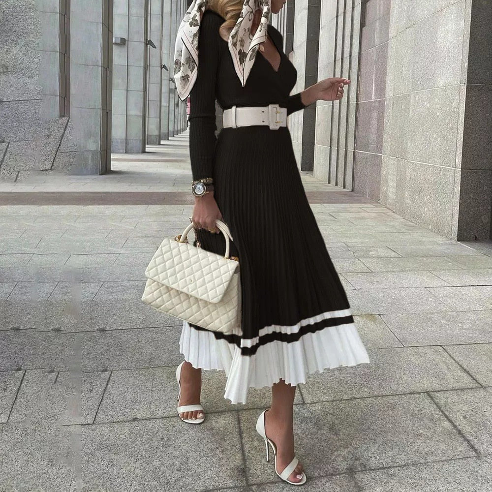 Women’s Ribbed Belted Pleated Dress | Midi