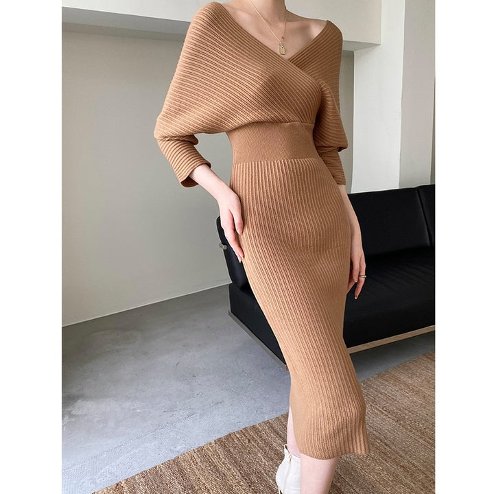 Women’s Ribbed Knit Wrap Slim Fit Dress | Midi