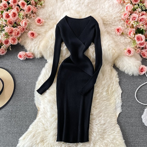 Women’s Ribbed Knit Bodycon Wrap Dress | Midi
