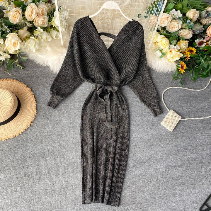 Women’s Knitted Batwing Dress with Tie Belt | Midi