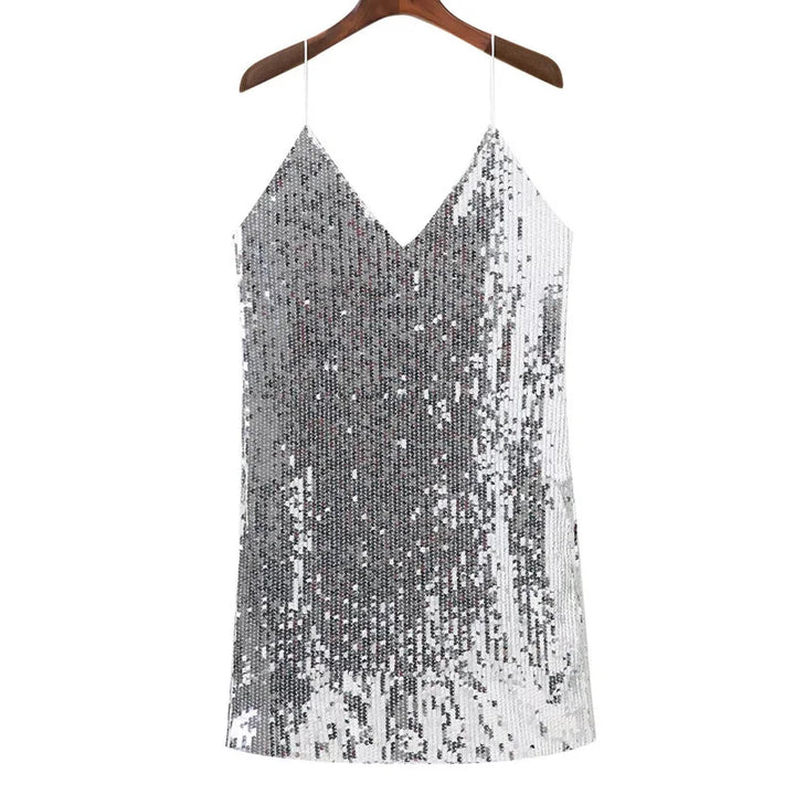 Robe de soirée argentée à sequins sans manches pour femme | Mini