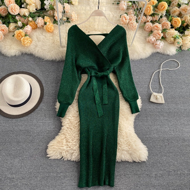 Women’s Knitted Batwing Dress with Tie Belt | Midi