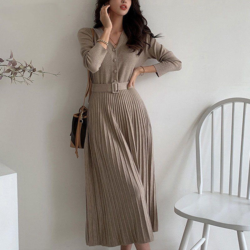 Women’s Knitted Pleated Dress with Belt | Midi
