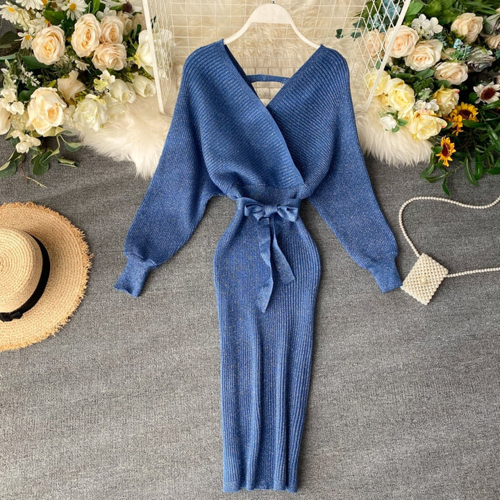 Women’s Knitted Batwing Dress with Tie Belt | Midi