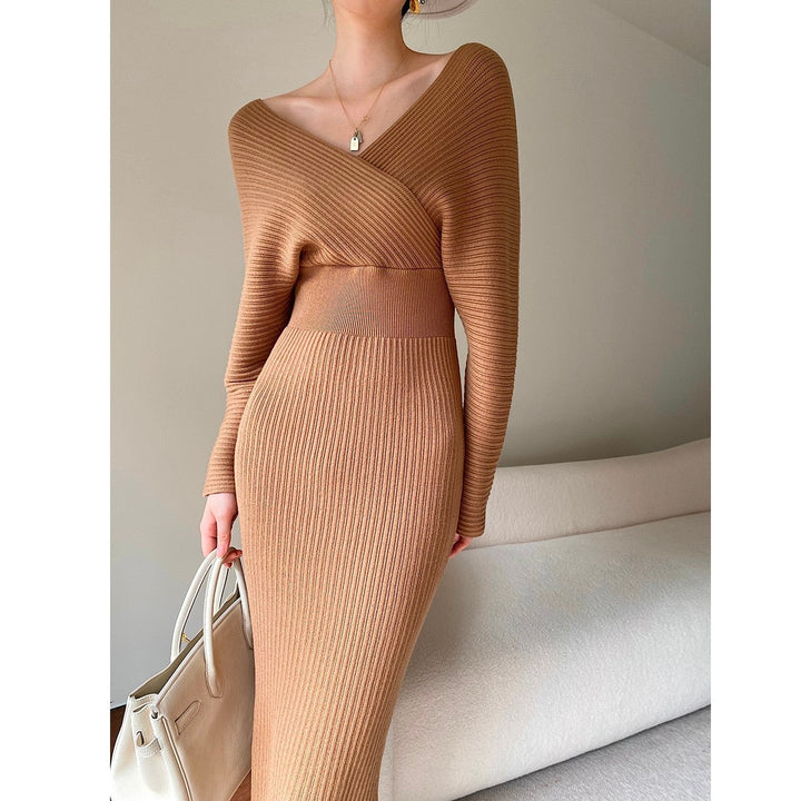 Women’s Ribbed Knit Wrap Slim Fit Dress | Midi