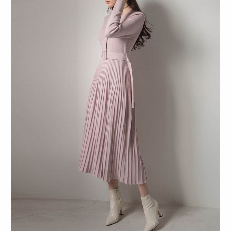 Women’s Knitted Pleated Dress with Belt | Midi