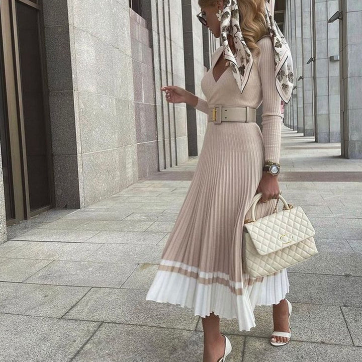 Women’s Ribbed Belted Pleated Dress | Midi