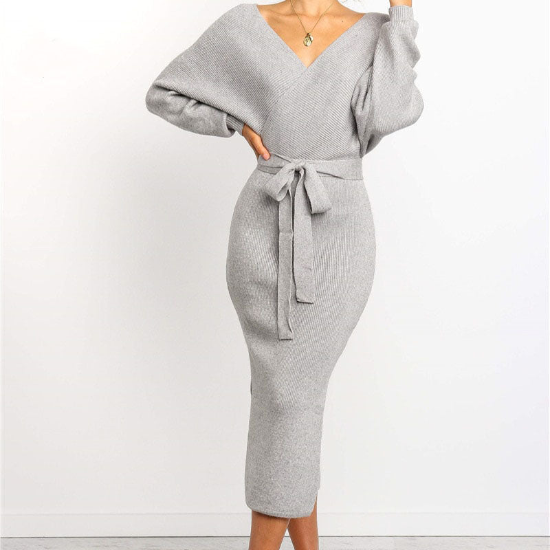 Women’s Wrap Knitted Dress with Tie Belt | Midi