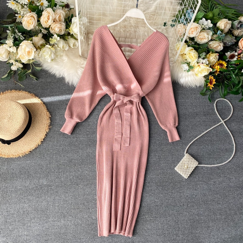 Women’s Knitted Batwing Dress with Tie Belt | Midi