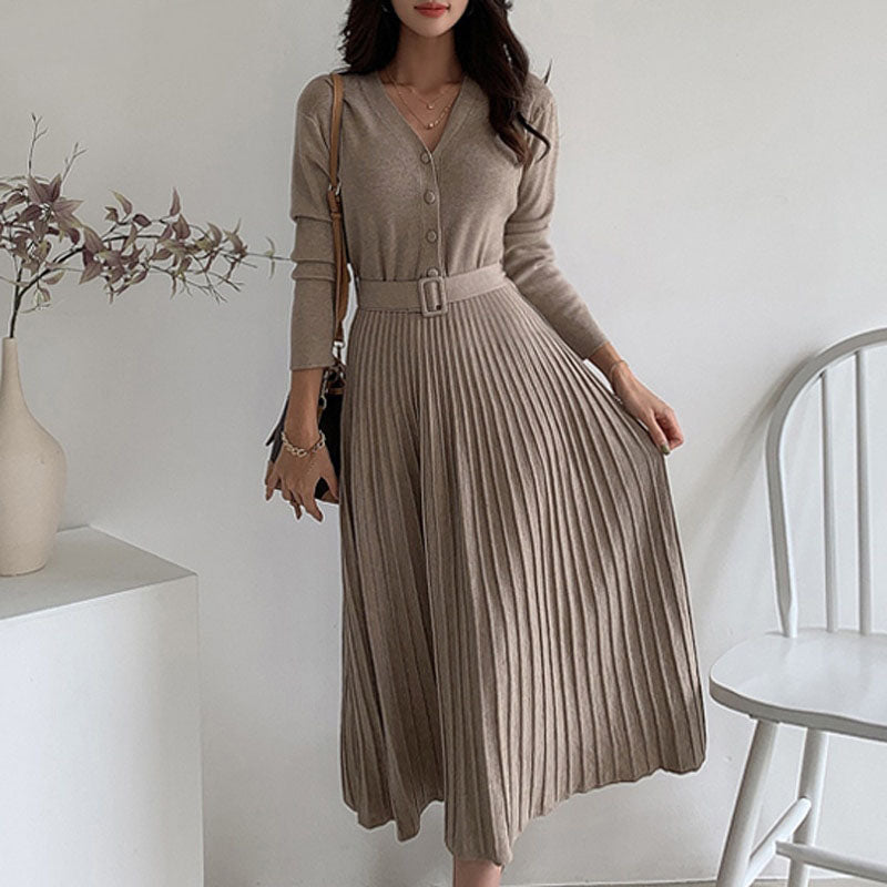 Women’s Knitted Pleated Dress with Belt | Midi