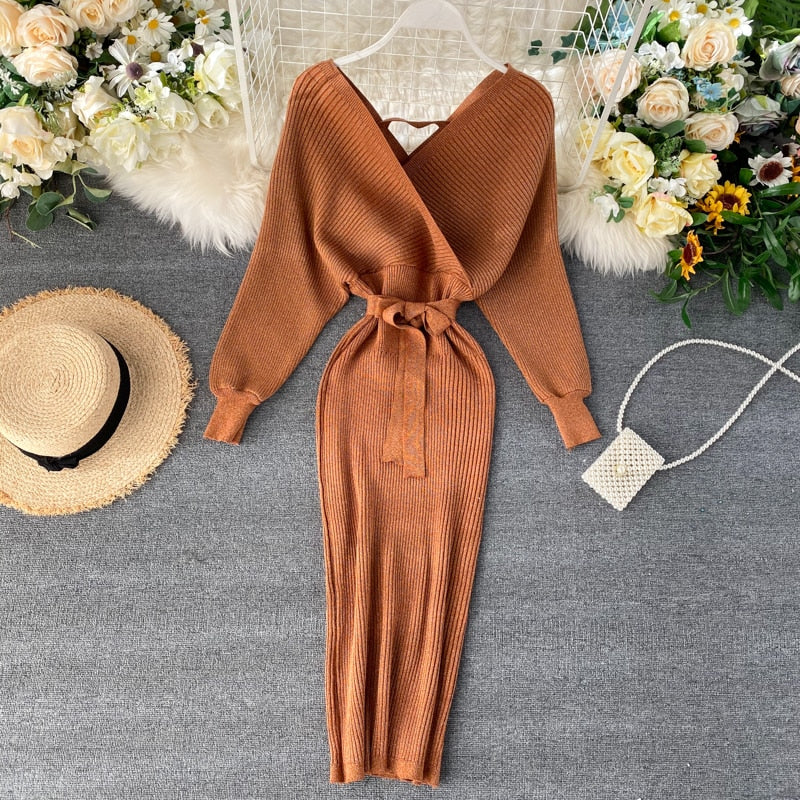 Women’s Knitted Batwing Dress with Tie Belt | Midi