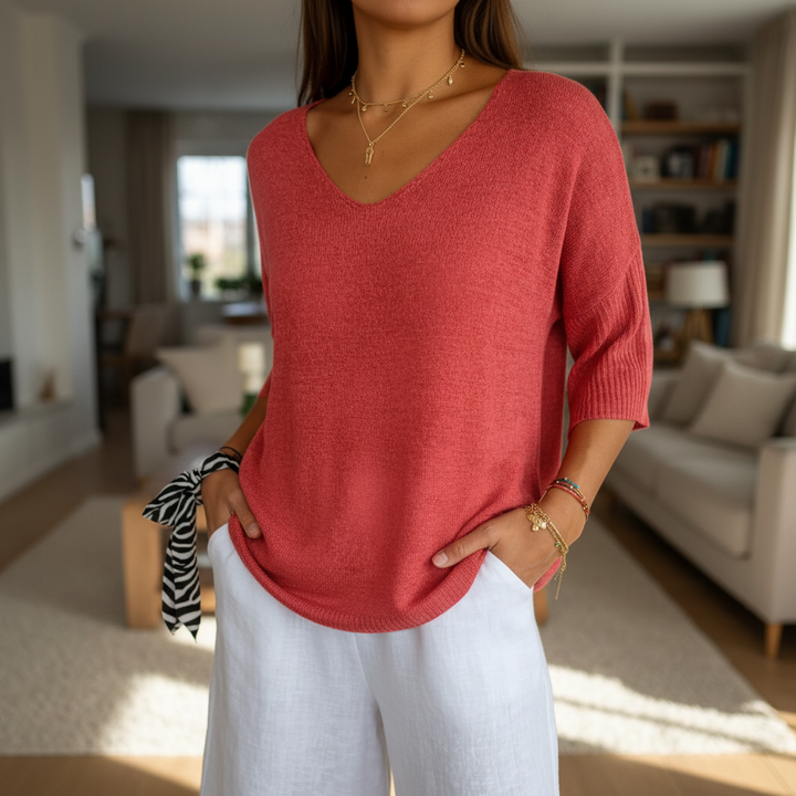 Women’s Knit V-Neck Top | 3/4 Sleeves
