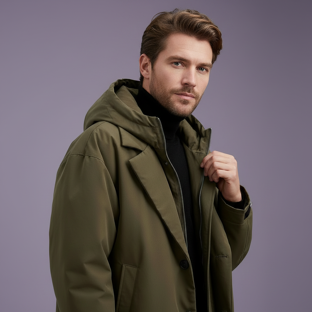 Longue veste d'hiver zippée à capuche pour homme