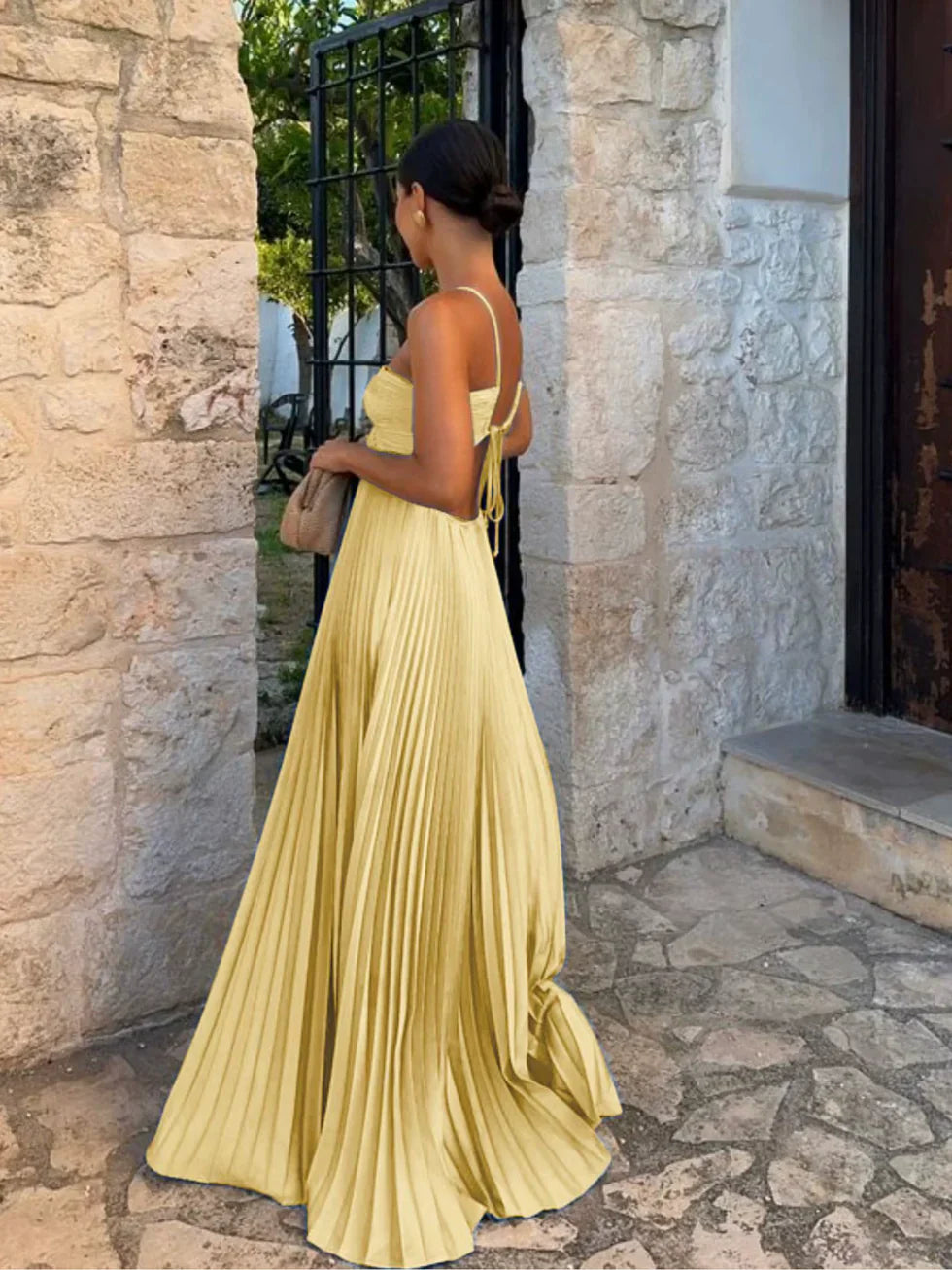 Women's Elegant Halter Neck Side Cutout Detail Pleated Summer Dress | Maxi