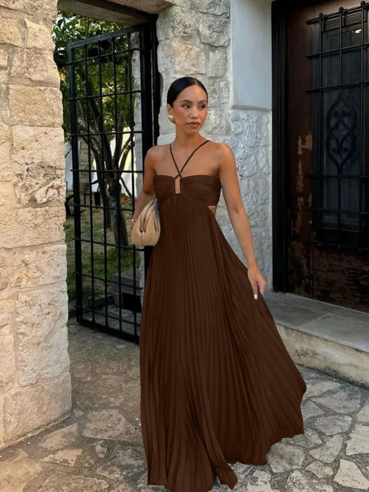Women's Elegant Halter Neck Side Cutout Detail Pleated Summer Dress | Maxi
