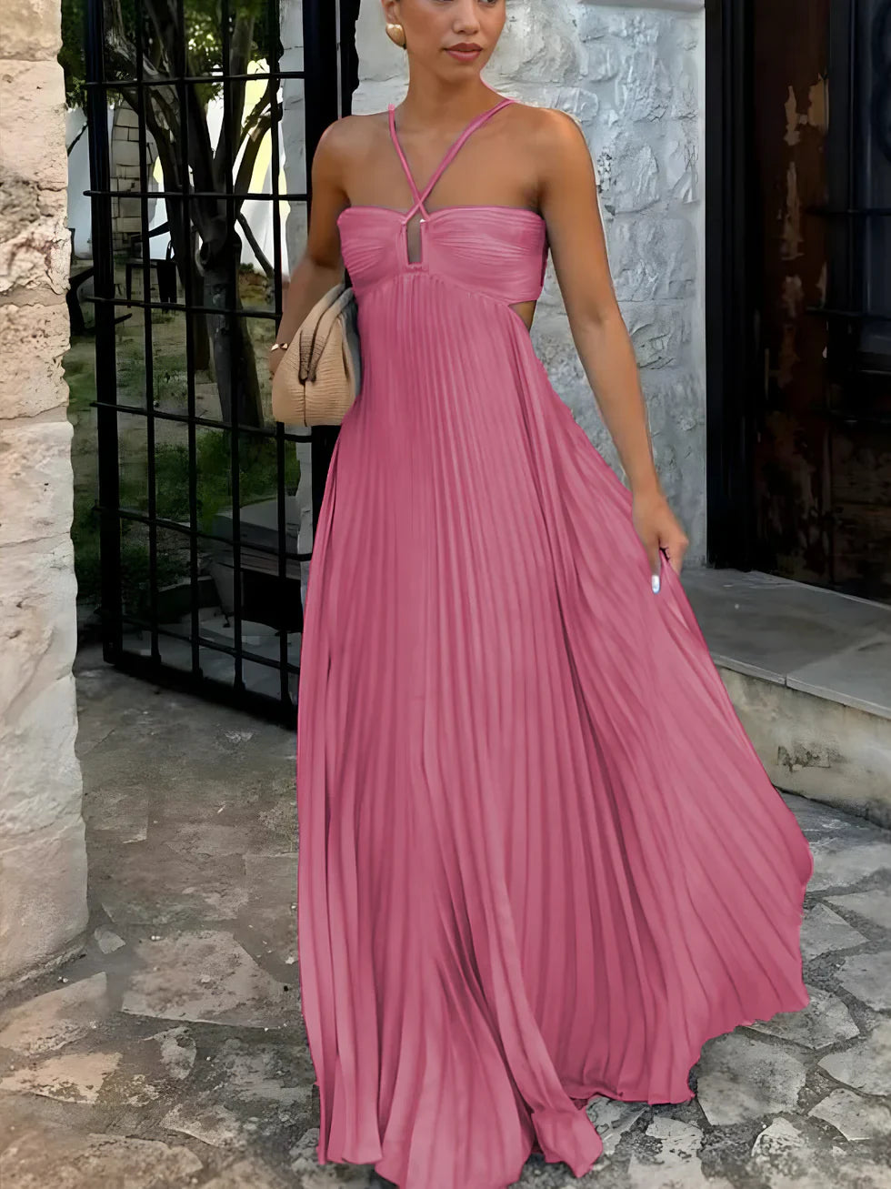 Women's Elegant Halter Neck Side Cutout Detail Pleated Summer Dress | Maxi