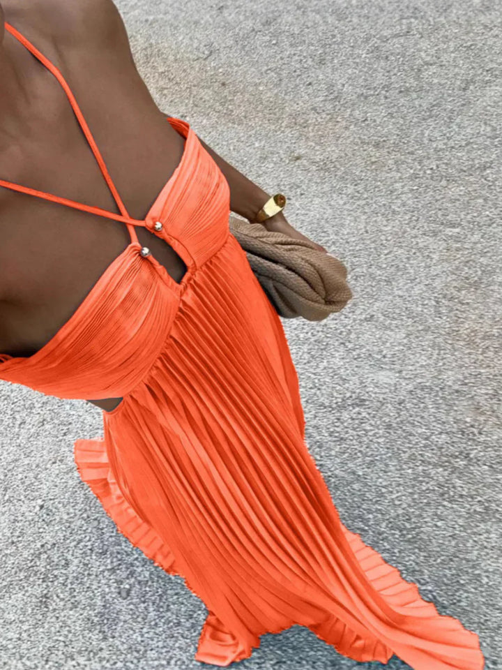 Women's Elegant Halter Neck Side Cutout Detail Pleated Summer Dress | Maxi