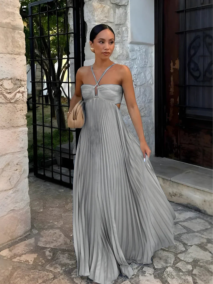 Women's Elegant Halter Neck Side Cutout Detail Pleated Summer Dress | Maxi