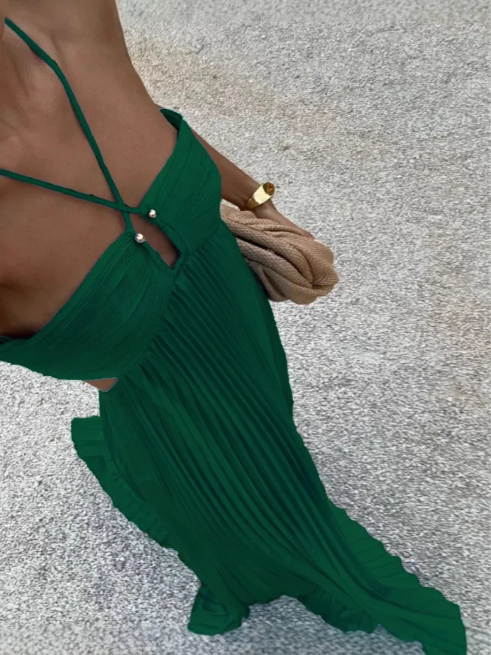 Women's Elegant Halter Neck Side Cutout Detail Pleated Summer Dress | Maxi
