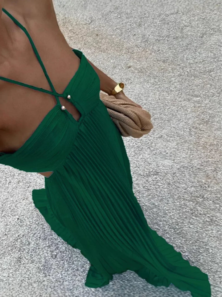 Women's Elegant Halter Neck Side Cutout Detail Pleated Summer Dress | Maxi