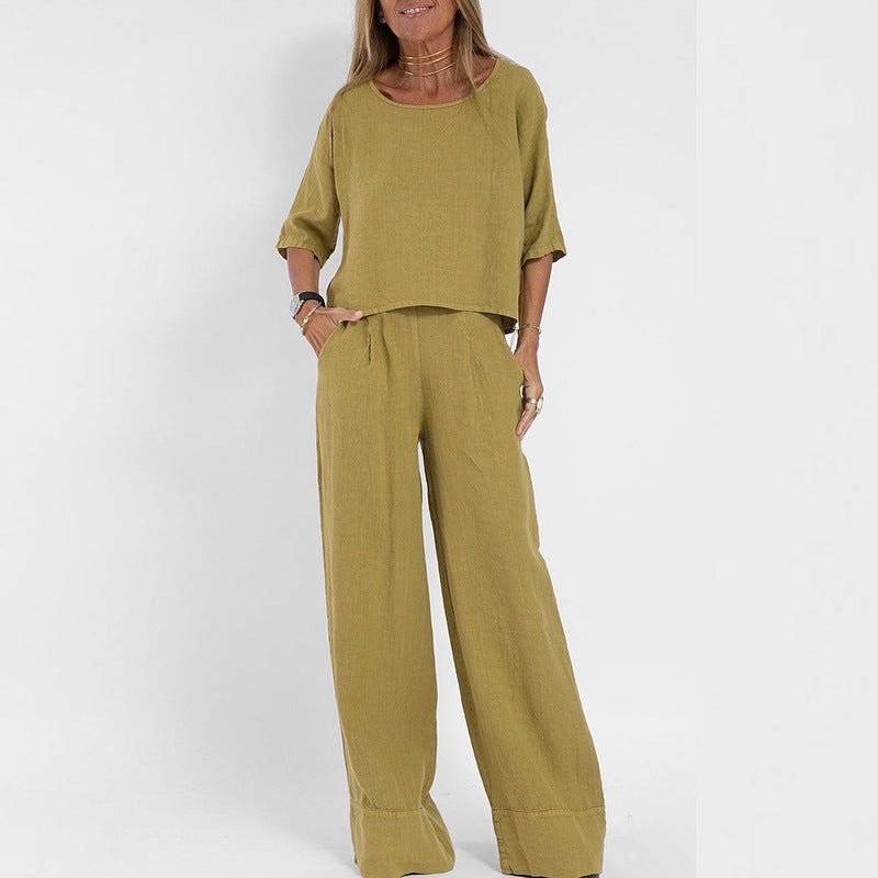 Women’s Relaxed Fit Wide Leg Summer Blouse and Trouser Set | Two Piece