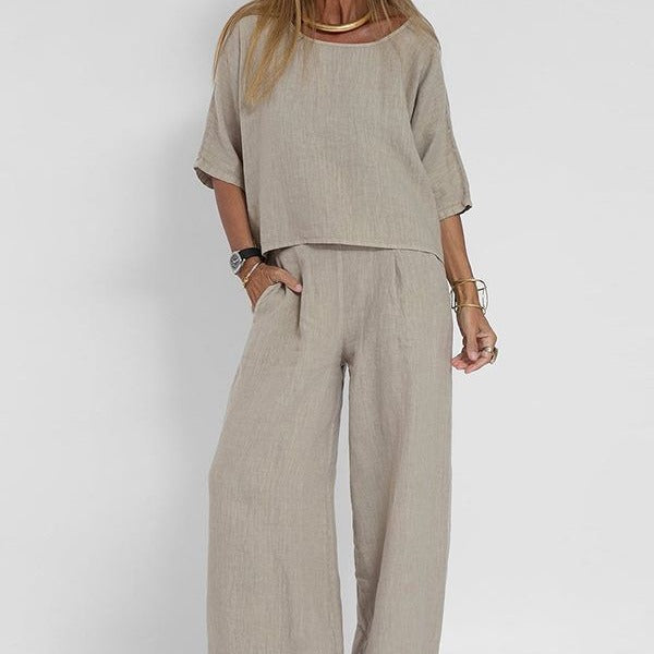 Women’s Relaxed Fit Wide Leg Summer Blouse and Trouser Set | Two Piece
