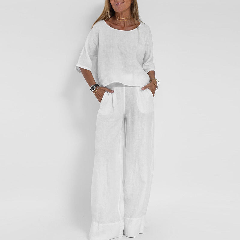 Women’s Relaxed Fit Wide Leg Summer Blouse and Trouser Set | Two Piece