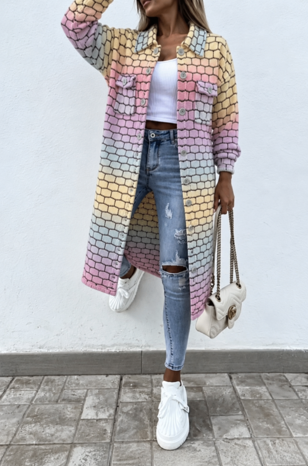Gilet tricoté à grosses mailles pour femme | long