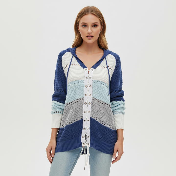 Women's Striped Lace-Up Hooded Jumper | Long Sleeve