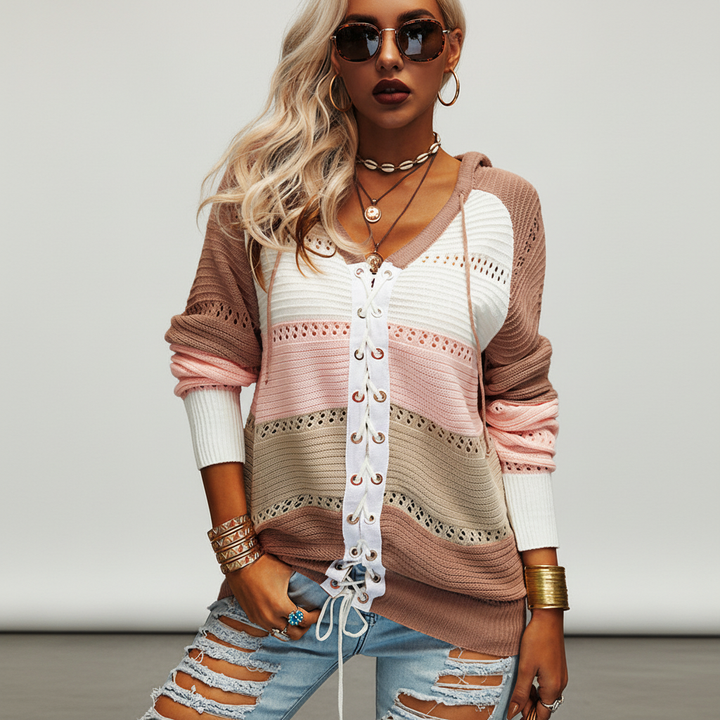 Women's Striped Lace-Up Hooded Jumper | Long Sleeve