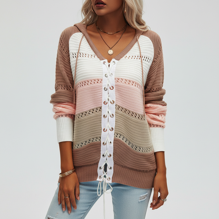 Women's Striped Lace-Up Hooded Jumper | Long Sleeve