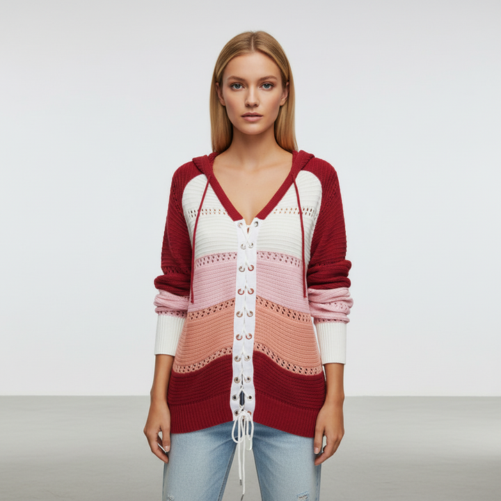 Women's Striped Lace-Up Hooded Jumper | Long Sleeve