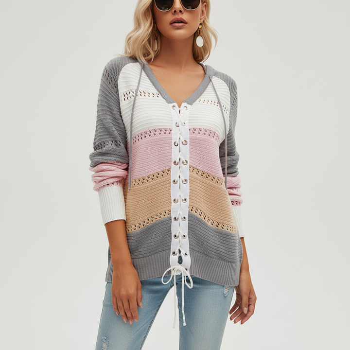 Women's Striped Lace-Up Hooded Jumper | Long Sleeve