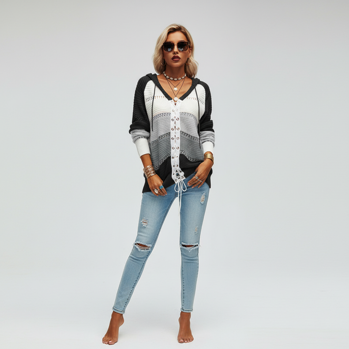Women's Striped Lace-Up Hooded Jumper | Long Sleeve