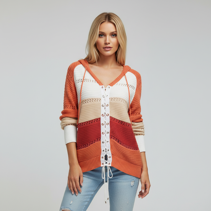 Women's Striped Lace-Up Hooded Jumper | Long Sleeve