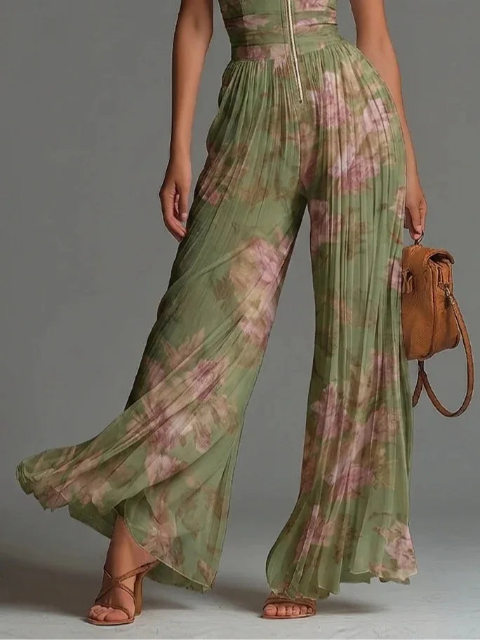 Women's Floral Print Pleated Jumpsuit | Wide Leg