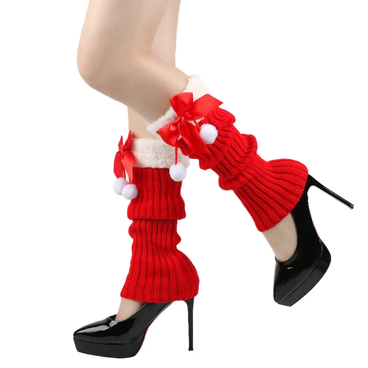 Jambières tricotées de Noël avec nœud pour femme | Hiver