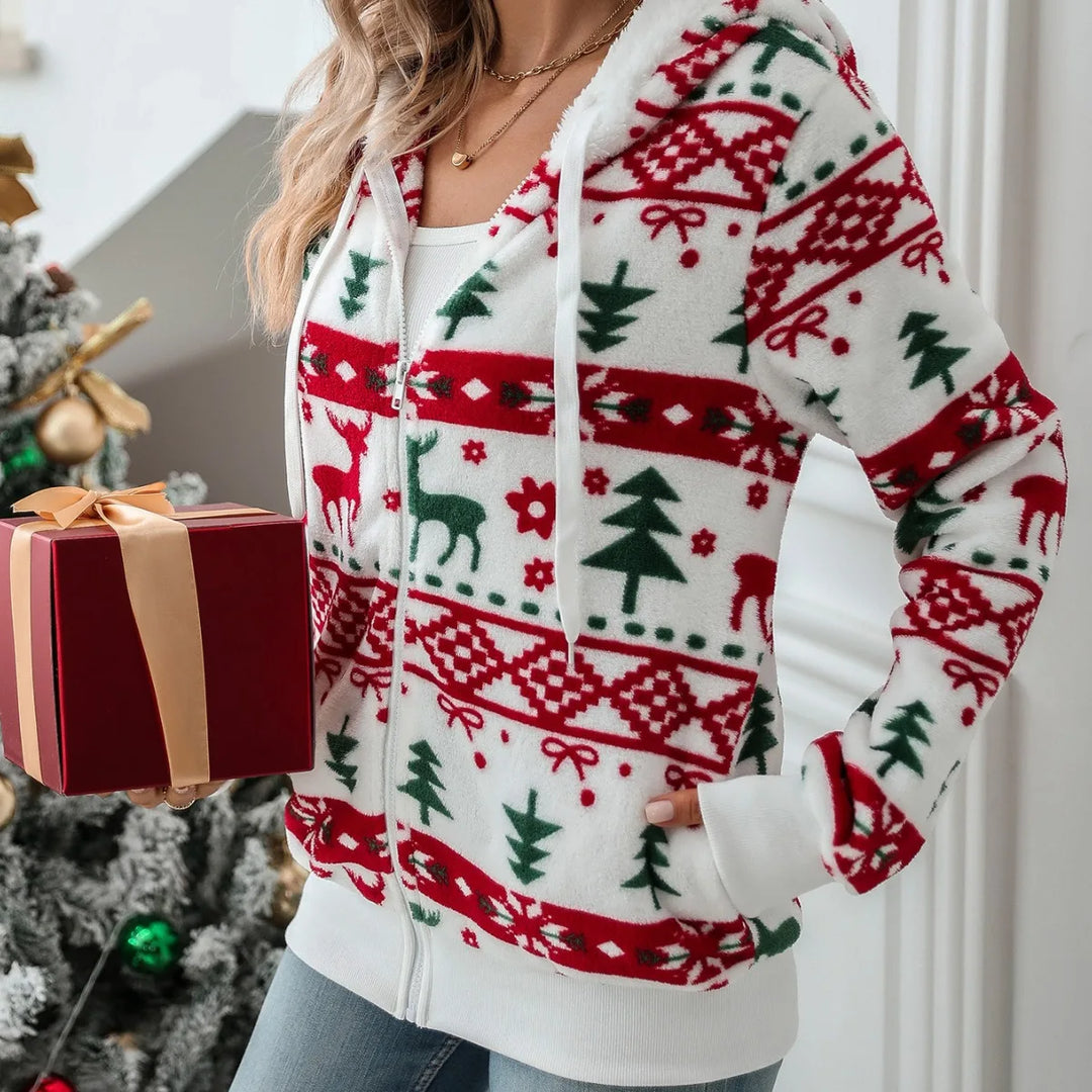 Veste blanche d’hiver de Noël pour femme | fermeture éclair