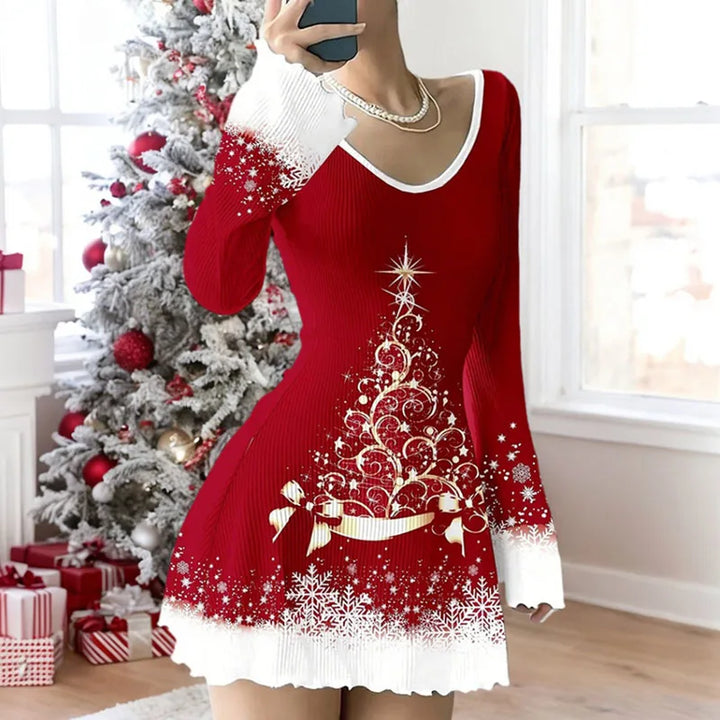 Mini-robe de Noël pour femme à manches longues | col en V