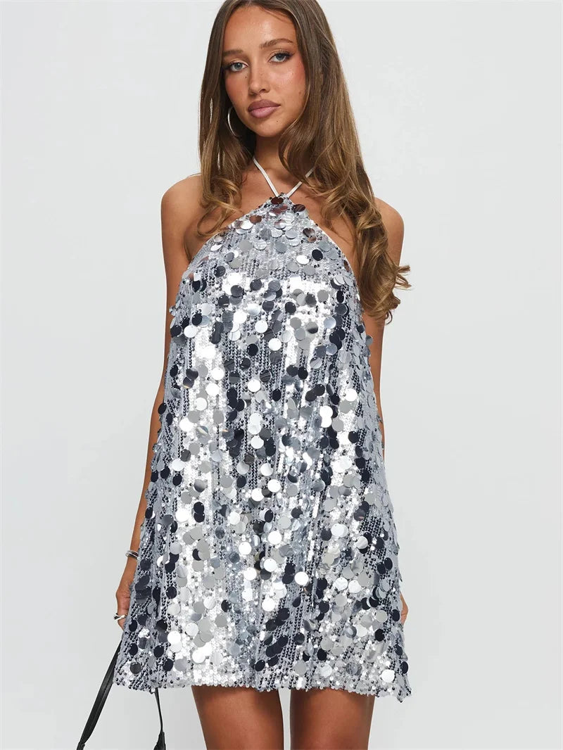 Robe de fête à paillettes sans manches pour femme | Mini