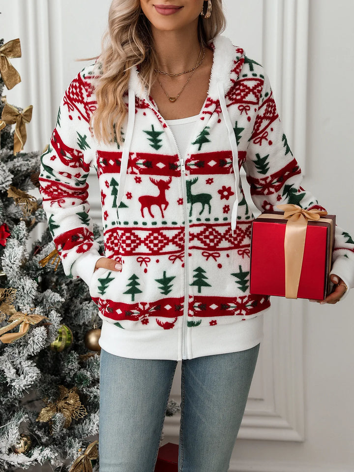 Veste blanche d’hiver de Noël pour femme | fermeture éclair