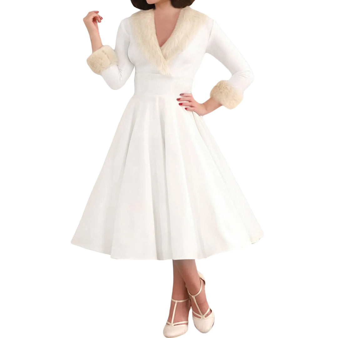 Robe midi de Noël à manches longues et col en V pour femme | Noël