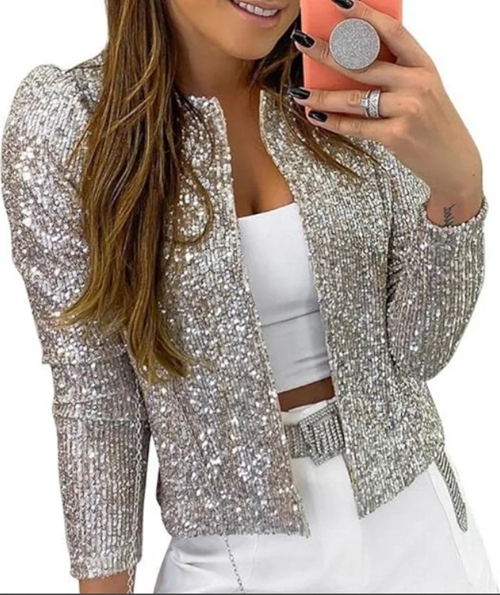 Blazer court à sequins pour femme à manches longues | soirée