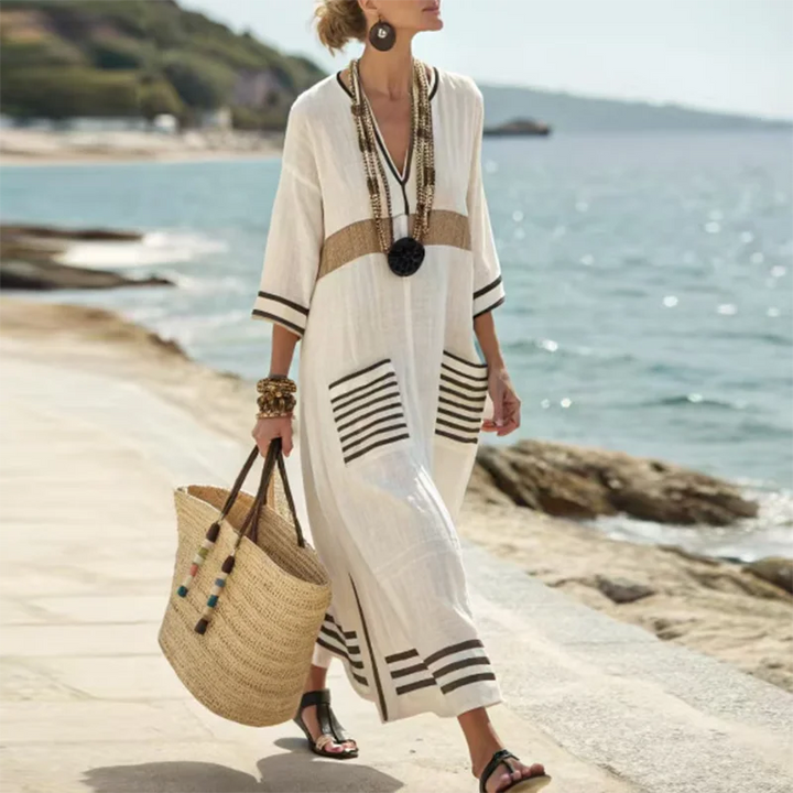 Women's Striped V-Neck Kaftan Dress | Maxi