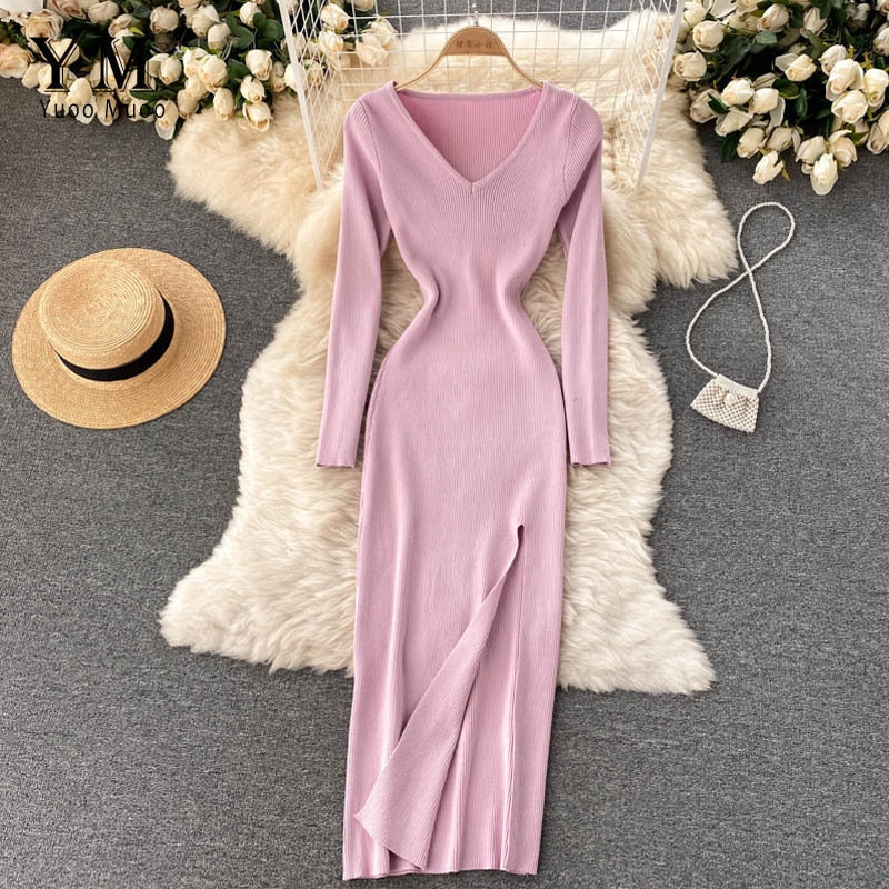 Women’s Ribbed Knit Bodycon Long Sleeves Dress | Maxi
