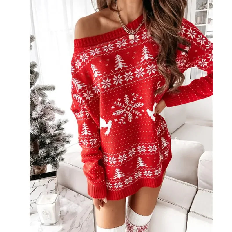 Robe pull en maille de Noël pour femme à manches longues | mini