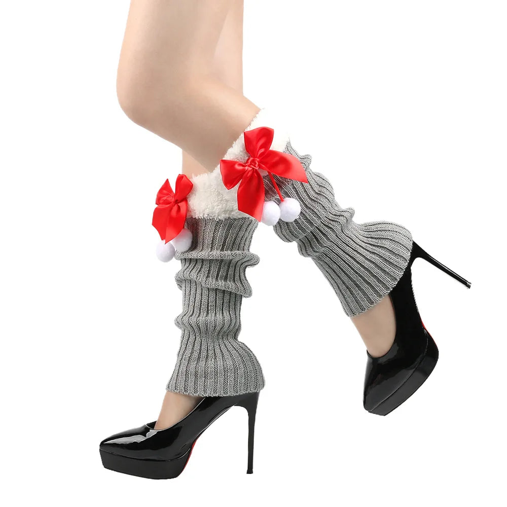 Jambières tricotées de Noël avec nœud pour femme | Hiver