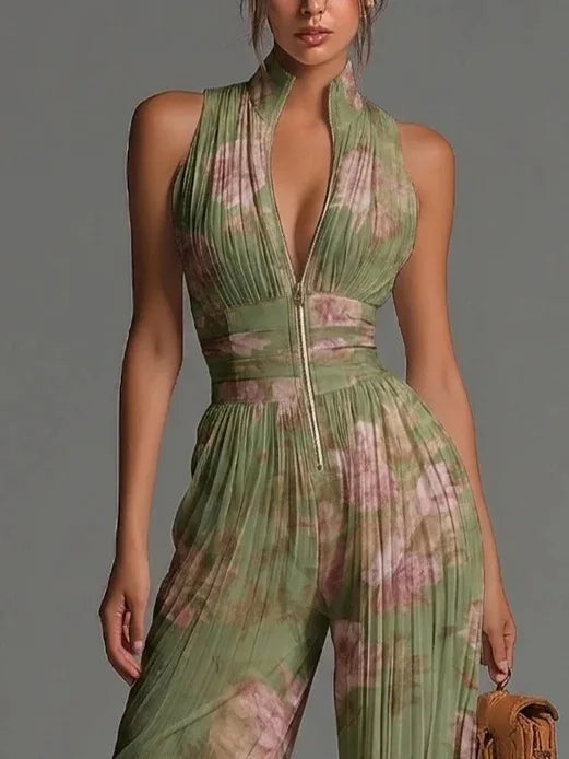 Women's Pleated Wide Leg Jumpsuit | Sleeveless