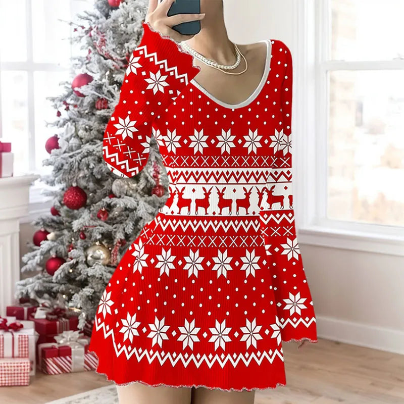 Mini-robe de Noël pour femme à manches longues | col en V