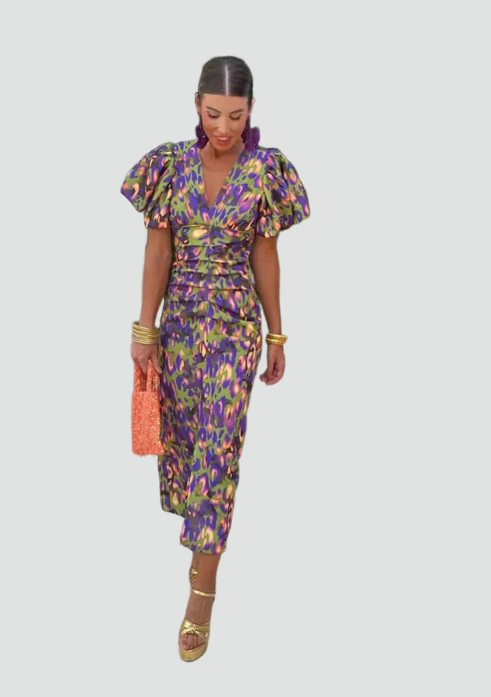 Women's Printed Puff Sleeve Dress | Midi
